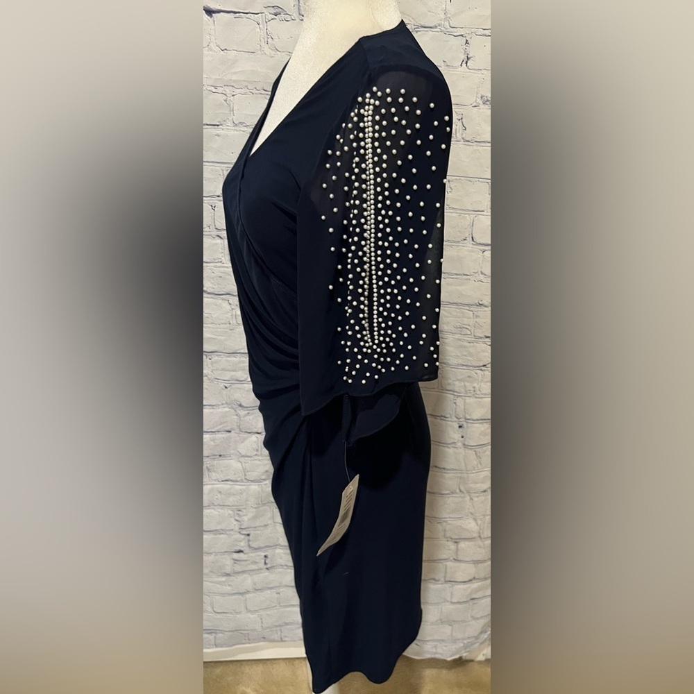 NWT MSK Womens Navy Stretch Embellished Cold Shoulder Sheer Bell Sleeve Petite S - Picture 4 of 11